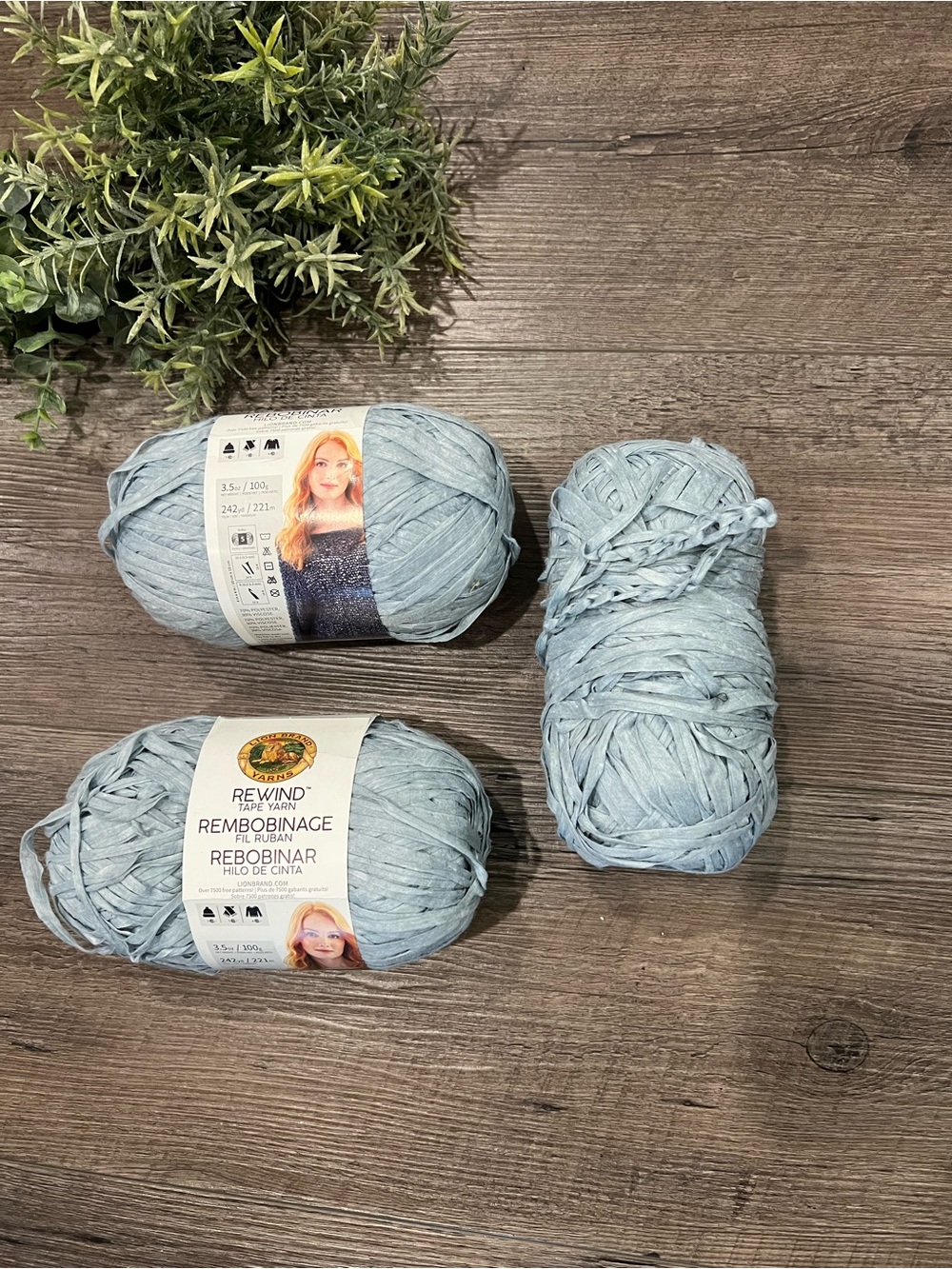 Lion Brand Rewind Tape Yarn 2 New Skeins 1 Used 106 Marbles Light Blue